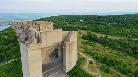 Aerial-view-of-a-colossal-monument-founders-of-the-Bulgarian-state-in-Shumen,Bulgaria