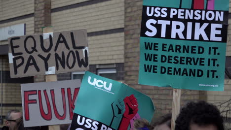 UK-November-2019:-Striking-lecturers-on-a-picket-line-hold-placards-with-slogans-calling-for-equal-pay-and-in-defence-of-pensions