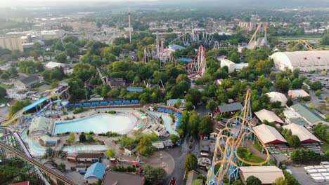 Aerial-drone-view-of-HersheyPark-Boardwalk-and-amusement-park-rides