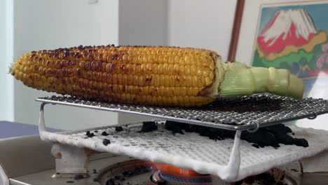 a-Japanese-female-chef-grills-corn-at-her-home-kitchen,-Tokyo,-Japan