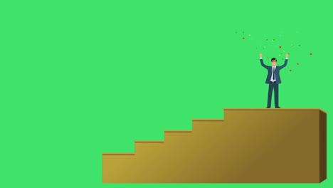 A-Cartoon-or-Animated-Version-of-a-Business-Man,-Entrepreneur,-or-a-Sales-Executive-Climbing-up-a-Staircase-to-Indicate-Growth,-Career-Development,---Business-Growth-Concept-with-Green-Screen