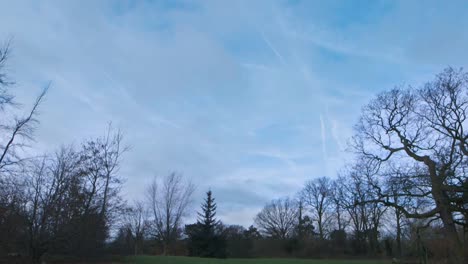 Kurzer-Zeitraffer-Des-Himmels-Im-Britischen-Park-Mit-Wolken,-Flugzeugen-Und-Kondensstreifen-1