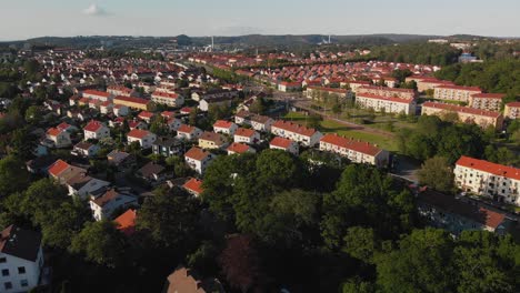 Aerial-view-recorded-in-the-green-and-beautiful-suburban-area-called-Karralund-located-in-Gothenburg,-Sweden