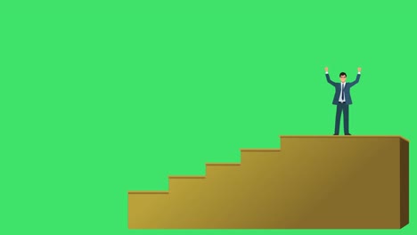 An-Animated-Business-Man,-Entrepreneur,-or-a-Sales-Executive-Climbing-up-a-Staircase-to-Indicate-Growth,-Career-Development,---Business-Growth-Concept-with-Green-Screen