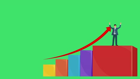 A-Business-Man,-Entrepreneur,-or-a-Sales-Executive-Climbing-up-with-Growth-Bar-Graph-in-Multiple-Colors-and-4k-on-a-Green-Screen-Background-for-Customization