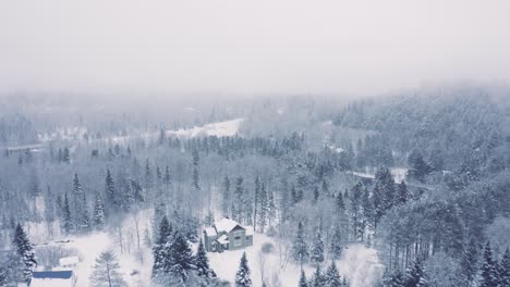 Foggy-Winter-Landscape---Drone-Flying-4K---Mountains---Trees,-rivers,-snowy---Cinematic-bridge