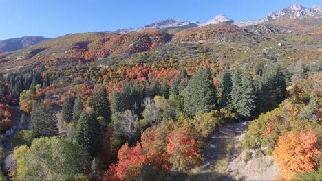 A-drone-flies-near-the-rocks-and-slopes-of-the-mountain-near-Dry-Creek-Trailhead-in-Alpine,-Utah-as-leaves-change-into-bright-fall-colors