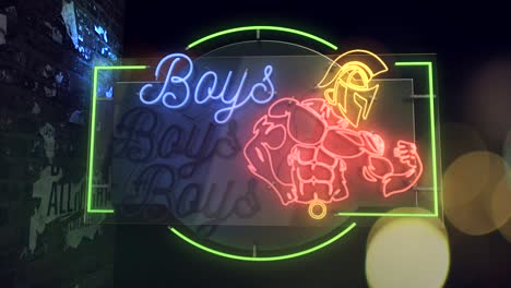 Realistic-3D-render-of-a-vivid-and-vibrant-animated-flashing-neon-sign-for-an-adult-club-depicting-the-words-Boys-Boys-Boys,-with-a-night-scene-background