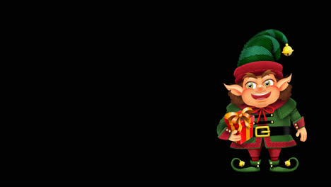 4k-Animated-illustration-of-happy-Christmas-elf-holding-present-on-transparent-alpha-background