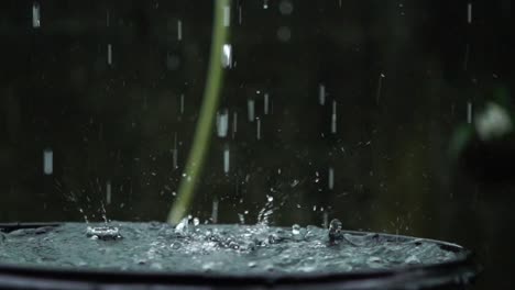 Heavy-rain-water-droplets-falling-into-water-barrel,-slow-motion-closeup