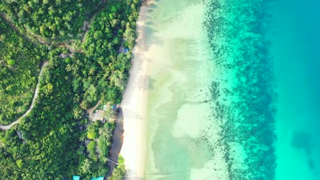 Amazing-shoreline-of-tropical-island-with-lush-vegetation-and-white-sandy-beach-washed-by-turquoise-sea-water-in-Dominican-Republic