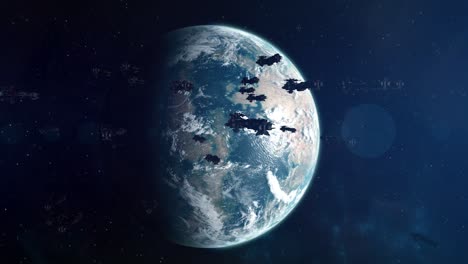 Flota-De-Naves-Espaciales-En-Formación-Para-Defender-Un-Planeta-Alienígena