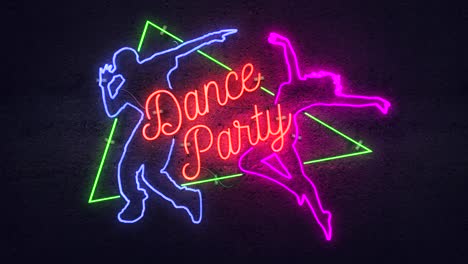 Realistic-render-of-a-vivid-and-vibrant-flashing-animated-neon-sign,-with-the-words-Dance-Party,-on-a-concrete-wall-background