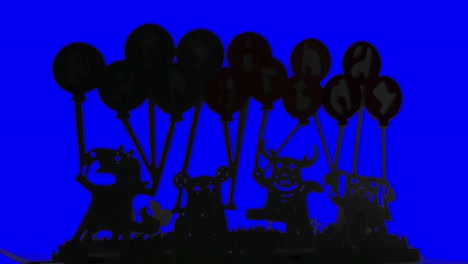 Silhouetten-Von-Papiertieren-Mit-Luftballons,-Die-Sich-Schnell-Auf-Blauem-Hintergrund-Drehen