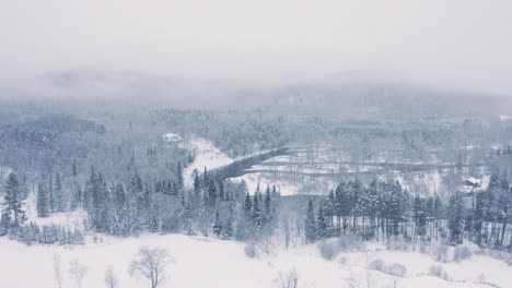Neblige-Winterlandschaft---Drohnenfliegen-4k---Berge---Bäume,-Flüsse,-Schneebedeckt---Filmischer-Fluss