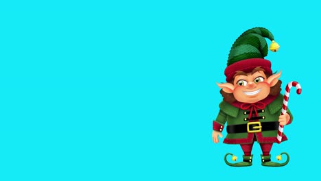 4k-Animated-illustration-of-happy-Christmas-elf-holding-candy-cane-on-easy-to-replace-blue-screen-background