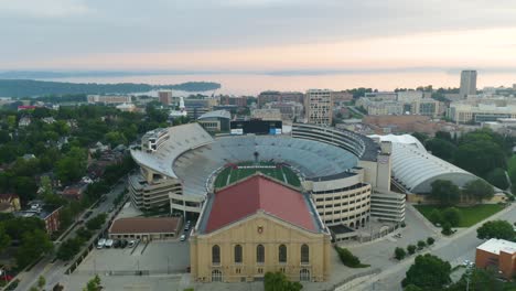 Aerial-fly-in,-Camp-Randall-Stadium,-home-of-Wisconsin-Badgers-football-team