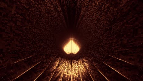 VJ-Loop---Glowing-3D-Golden-Heart-Rolling-Along-a-Reflective-Digital-Tunnel-Surface-With-Lines-Disappearing-into-the-Darkness