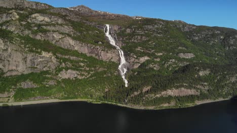 Beautiful-drone-dolly-shot-of-Latefossen,-an-amazing-two-stream-waterfall-in-Norway
