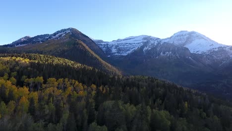 Herbstfarben,-Goldene-Zitterpappeln,-Schroffe-Schneebedeckte-Berge-Und-Flauschige-Weiße-Wolken-Sind-Teil-Der-Herbstlandschaft-Im-American-Fork-Canyon,-Wie-Sie-Von-Drohnen-Aus-Gesehen-Werden