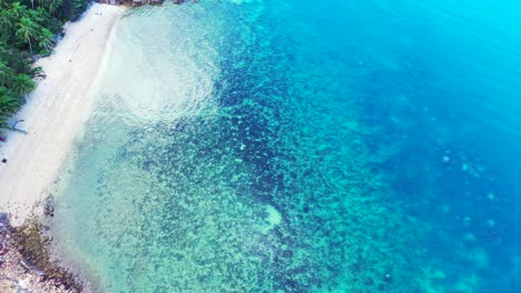 Blaue-Azurblaue-Lagunenstruktur-Mit-Wunderschönen-Korallenmustern-Unter-Klarem-Kristallwasser,-Das-Sandstrand-Und-Klippen-An-Der-Küste-Von-Vietnam-Wäscht