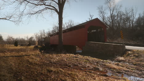 Winter,-Static-shot-of-one-of-three-covered-bridges-in-Maryland