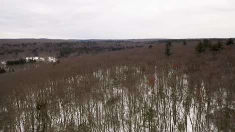 Forward-aerial-shot-of-hilly-winter-forest-landscape-in-Connecticut