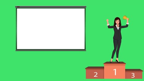 A-Cartoon-Version-of-a-Business-Woman-Leader-Shown-in-an-Office-on-a-Podium-with-a-Green-Screen-and-a-White-Board-for-Customization-to-Indicate-Concept-of-Business-Success