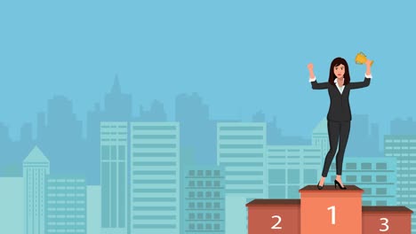 A-Cartoon-Version-of-a-Business-Woman-Leader-Shown-on-a-Podium-with-a-Trophy-in-Hand-and-an-Urban-or-City-Background-Indicating-Business-Concept-of-Success