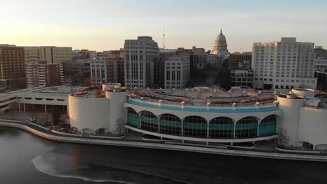 4K-Aerial-Footage-Of-Madison-Wisconsin's-Monona-Terrace-During-Sunset