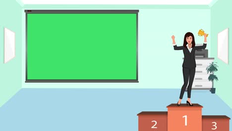 A-Cartoon-Version-of-a-Business-Woman-Leader-Shown-in-an-Office-on-a-Podium-with-a-Green-Screen-Space-on-a-Board-for-Customization-to-Indicate-Concept-of-Business-Success