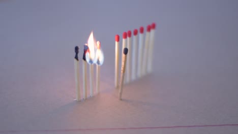 Close-up-of-queued-up-burning-matches-symbolizing-the-effect-of-social-distancing