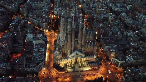 Aerial-night-view-of-Sagrada-Familia,-Barcelona,-Spain-5