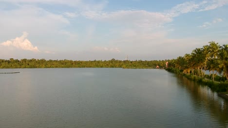 Vembanad-Lake-Fish-Farm,-Luftaufnahme,-Kokospalmen
