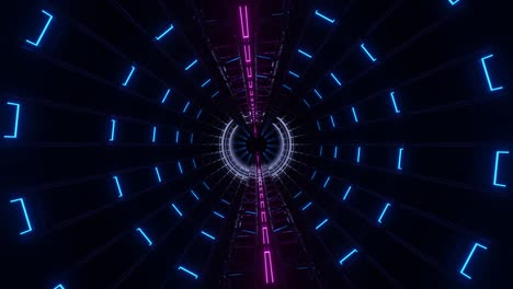 Motion-graphics-sci-fi:-futuristic-passage-inside-dark-short-tunnel-with-pink-hollow-dotted-straight-lines-and-expanding-intermittent-teal-circles