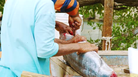 Pescadores-Locales-Limpiando-Un-Pez-Espada-Fresco-En-Curacao-Con-Un-Cuchillo---Cerrar