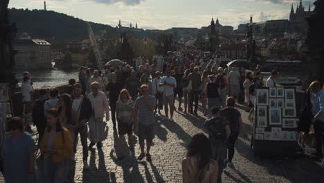 High-angle-view-of-Tourists-walking-on-Charles-Bridge-Prague,-Czech-Republic