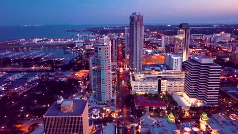 4K-Aerial-Dusk-Video-of-Waterfront-Downtown-of-St-Petersburg,-Florida