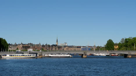 Estocolmo,-Suecia,-Vista-Del-Paisaje-Urbano-De-Verano-Desde-El-Paseo-Marítimo,-La-Ciudad-Vieja-Y-El-Mar-Báltico-Azul