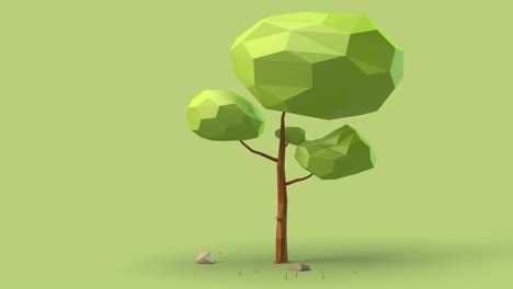 Minimalistische-Low-Poly-Landschaft-Mit-Sich-Bewegendem-Baum-In-Animationsschleife
