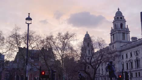 Parliament-Square-at-sunset-with-statue-of-Winston-Churchill,-Saturday-April-10th,-2021---London-UK