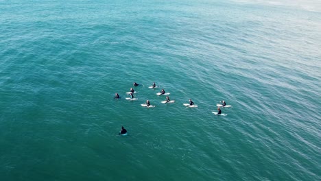 Drone-aerial-shot-of-group-of-surfers-and-bodyboarders-waiting-in-line-up-Central-Coast-Reef-Pacific-Ocean-NSW-Australia-4K