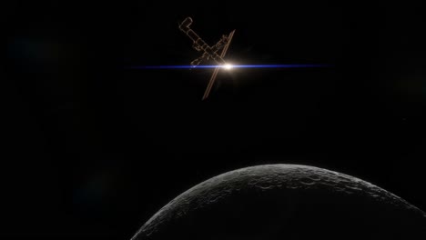 A-space-station-modeled-after-the-proposed-Lunar-Gateway,-seen-orbiting-around-the-Moon,-with-science-fiction-anamorphic-lens-flares-shining-through-the-solar-panels