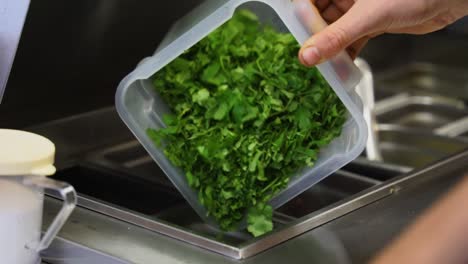 Chef-pouring-chopped-cilantro-into-basin-ready-for-service-and-restaurant