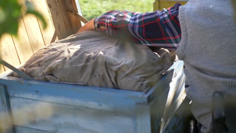 The-Beekeeper-Inserts-a-Warm-Bedding-Inside-a-Bee-Beehive