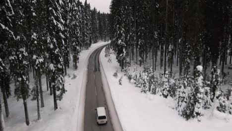 Aerial-View,-White-Vehicle-Moving-on-Clean-Road-in-Snowy-Winter-Forest-Landscape-on-Cloudy-Day
