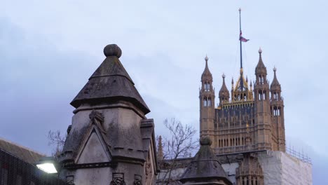 Palace-of-Westminster-Union-Jack-flying-at-half-mast-to-mark-the-death-of-Prince-Philip,-Duke-of-Edinburgh,-Saturday-April-10th,-2021---London-UK