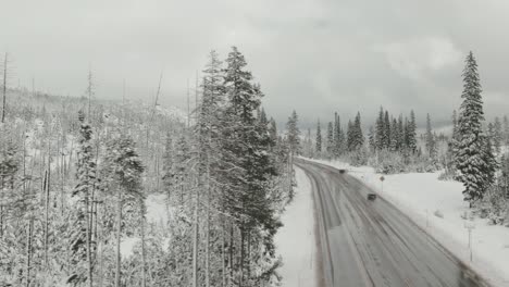 4k-Aerial-snowy-forest-with-country-road-in-the-middle
