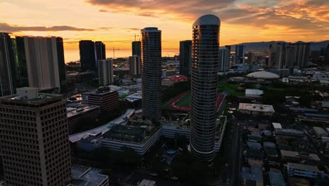 A-jib-drone-shot-of-oahu's-cityscapes-during-sunsets