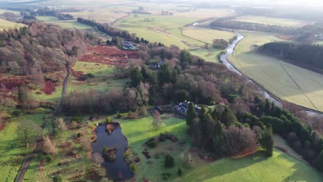 Drone-video-over-a-Scottish-Country-Estate-with-lochs,-highlands,-forestry-and-rivers